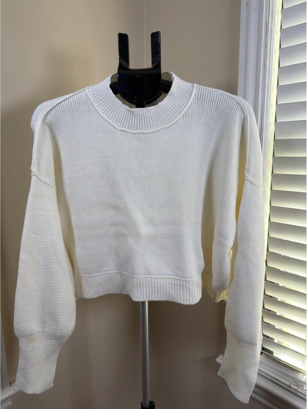 NWT Self Contrast Cream Cropped Sweater Womens Small Balloon Sleeve Knit Pullove